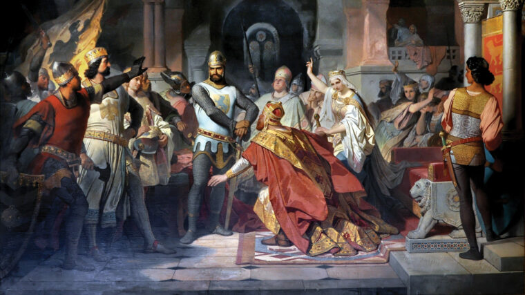 Frederick I Barbarossa kneels before a defiant Henry the Lion during their conference at Chiavenna near Lake Como in early 1176. When Frederick declined to return the key city of Goslar in Lower Saxony to Henry, the duke refused to lead reinforcements to assist the emperor against the Lombard League.