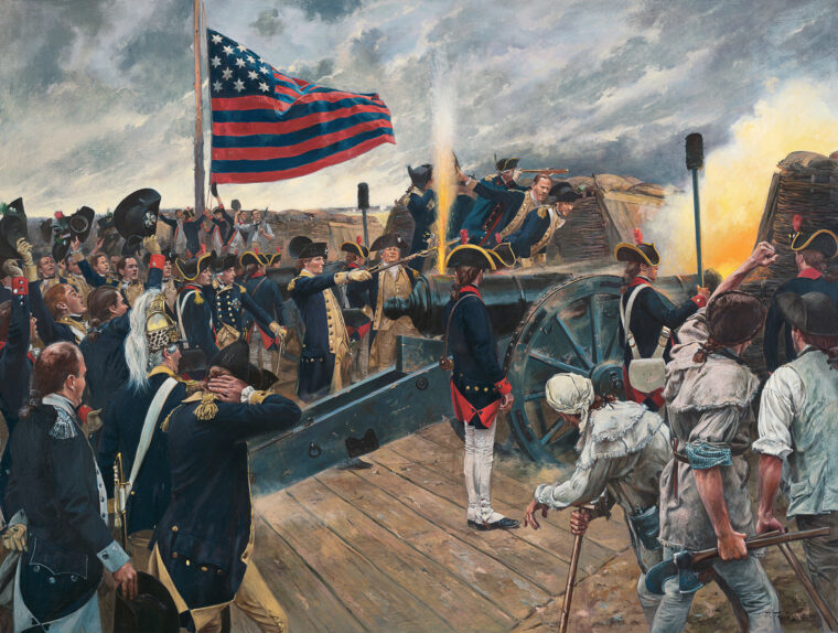 General George Washington fires the first American cannon at the siege of Yorktown on October 9, 1781, in this painting by Don Troiani.
