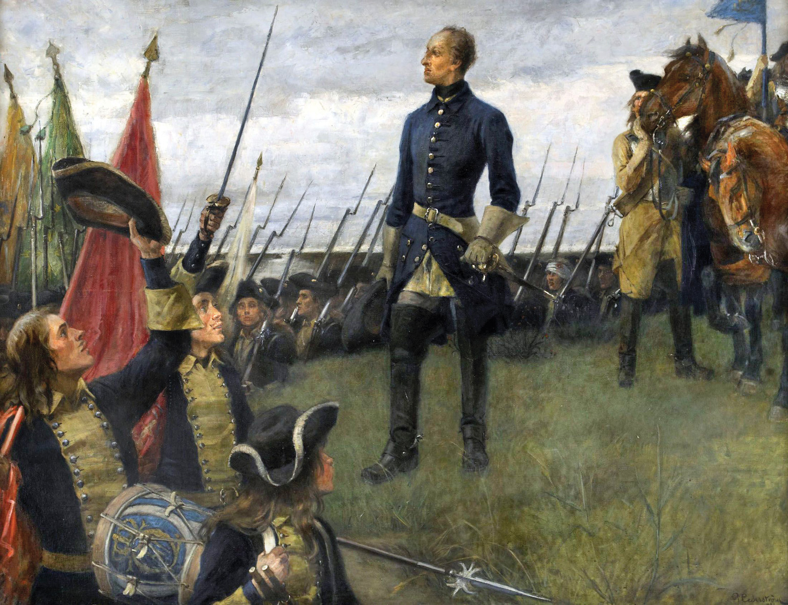 Charles XII reviews his well-trained infantry, which relied heavily on the cold steel of the bayonet in battle.
