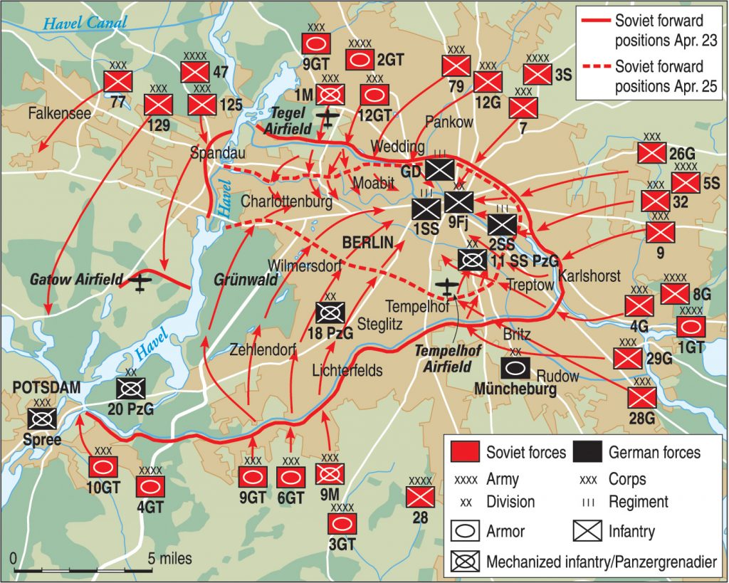  In April and May 1945, the Red Army encircled besieged Berlin, cutting the city off from the rest of Germany. Once Berlin was encircled, Red Army forces pummeled it unmercifully before entering.