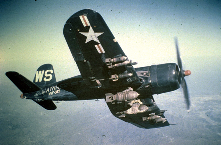 A Marine Corps Vought F4U-4B Corsair on a mission over Korea. The Navy-Marine Corps combat air support mission had very little red tape during the Korean War, which allowed their Corsair pilots to respond very quickly when called upon.
