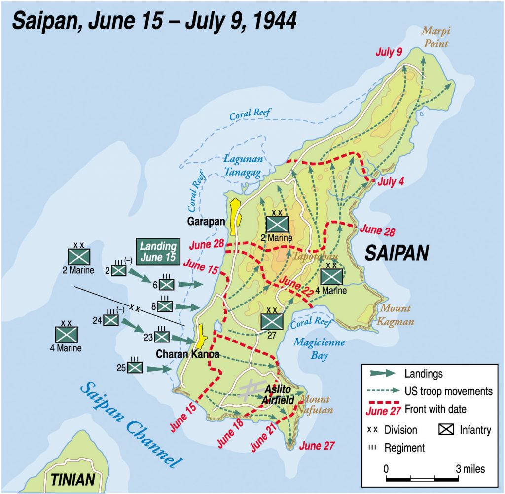 After landing on the southwest coast of Saipan, the Marines and Army systematically worked their way toward the southeast corner and <a href=