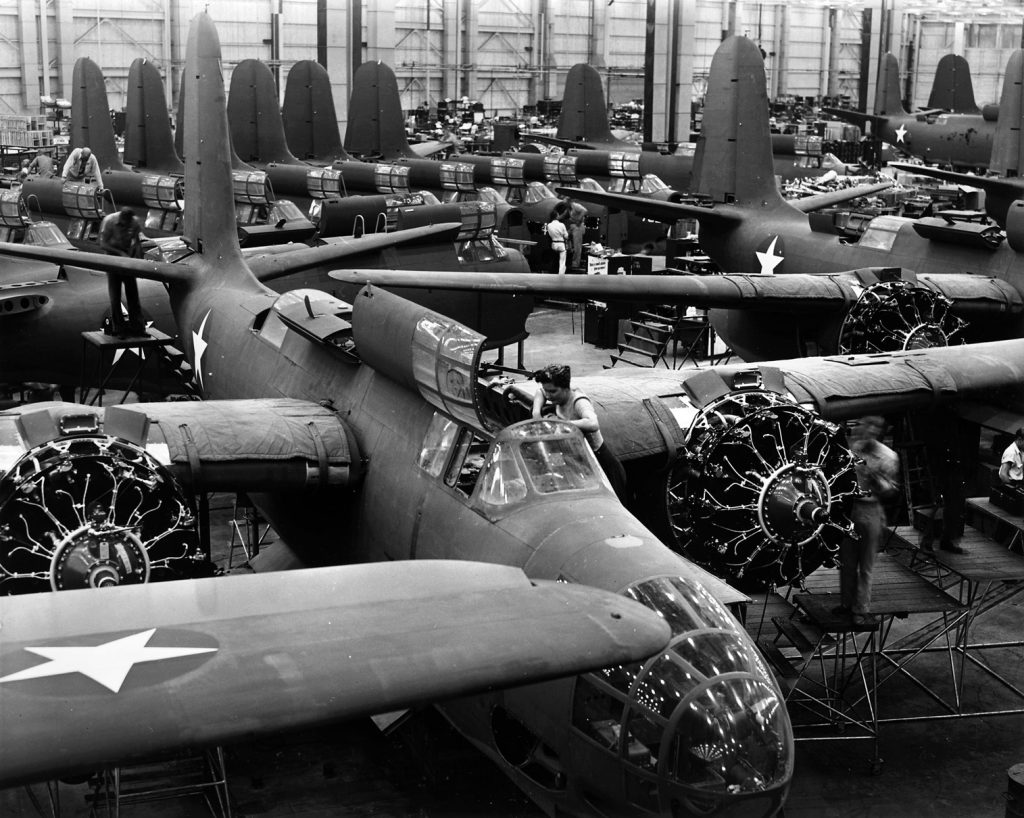A-20 Havocs are assembled at one of the Douglas Aircraft's California factories. Most plants worked round the clock, seven days a week.