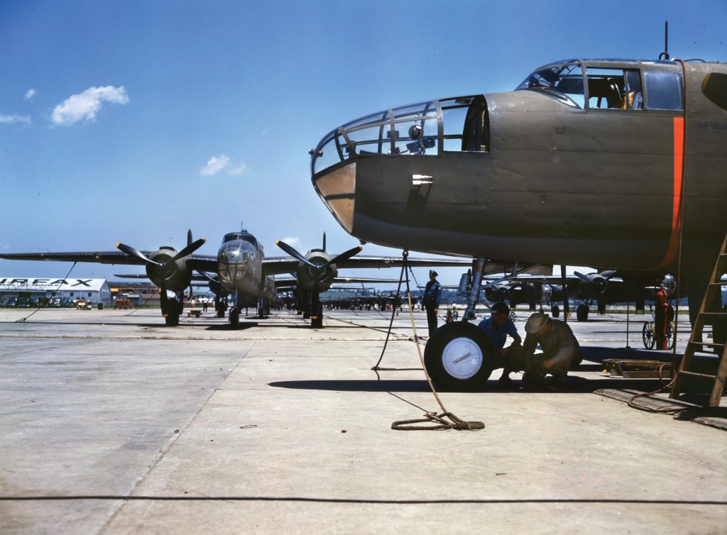 New B-25 Mitchell bombers undergo final inspection at North American Aviation’s manufacturing plant at Inglewood, California; the company produced 26,000 B-25s. American industrial capacity and achievement overwhelmed the enemy.