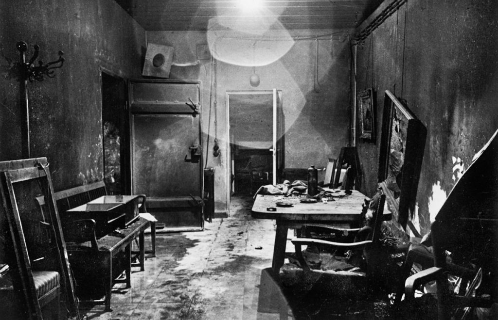 Interior of Hitler’s bunker deep below the garden of the Chancellery, photographed after the Red Army discovered and ransacked it.