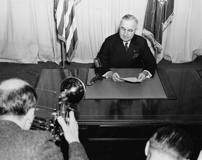 U.S. President Harry S. Truman announces victory over Germany in a radio address to the nation on May 8, 1945. "We must work to finish the war,” he said. "Our victory is only half won.” 