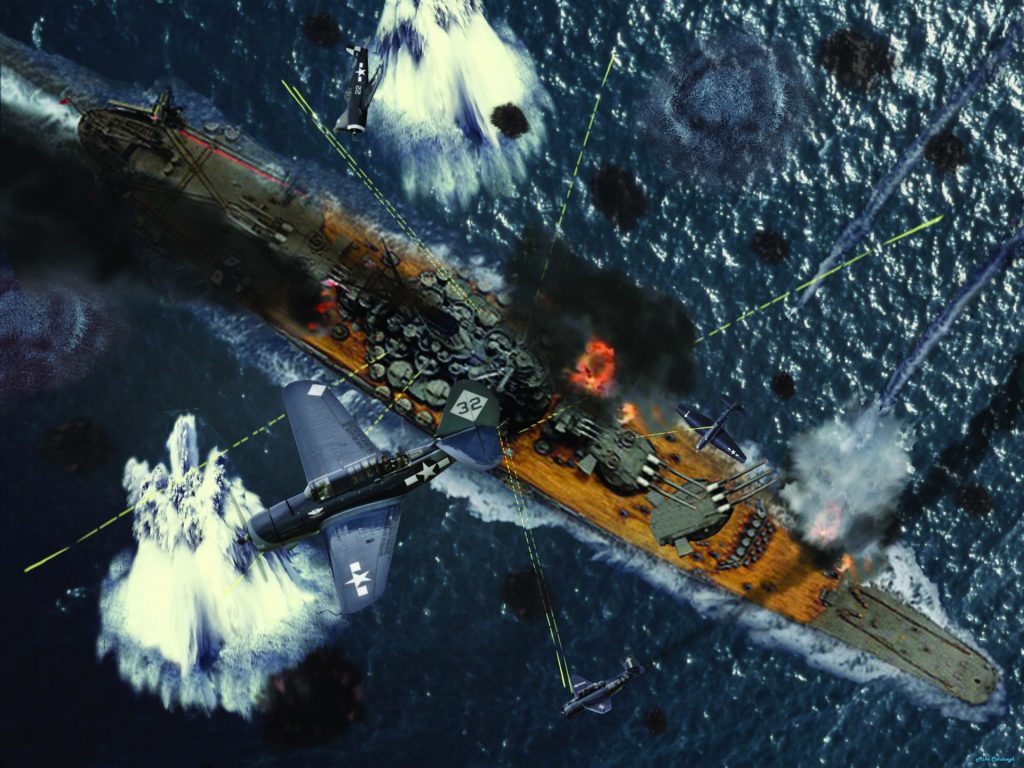 An artist’s impression of American warplanes attacking the Japanese super battleship Yamato, April 7, 1945. Although the 72,000-ton, 863-foot-long ship had barely seen action, she was ordered to beach herself at Okinawa and use her firepower to disrupt the American amphibious landings; she never got the chance. 