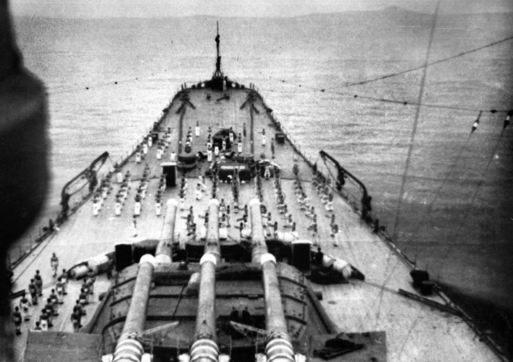  Sailors exercise on the bow section of the Musashi, twin sister of the Yamato, as seen from the forward superstructure during sea trials in June 1942. The uncluttered deck would be changed during the war to aoccommodate additional 25mm antiaircraft guns. 