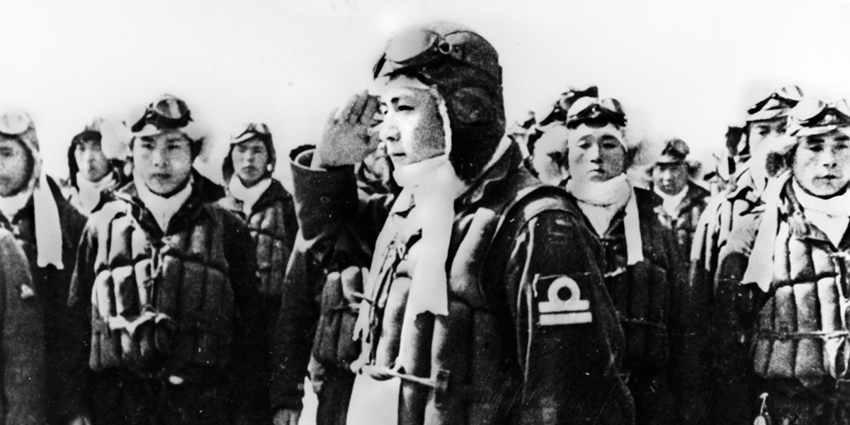 A kamikaze pilot salutes as he receives his orders for a “divine wind” mission. It is estimated that over 1,200 pilots (out of 2,314) lost their lives on such missions.