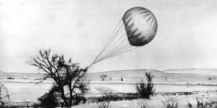 A Fu-Go bomb snagged on a tree in Kansas, February 23, 1945. Approximately 9,000 balloons were launched, but only about 900 made it across the Pacific; several landed in the Midwest.