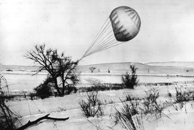 A Fu-Go bomb snagged on a tree in Kansas, February 23, 1945. Approximately 9,000 balloons were launched, but only about 900 made it across the Pacific; several landed in the Midwest. 