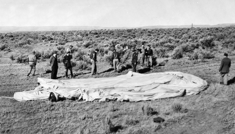 Looking like a beached whale, a Fu-Go weapon lies deflated in an Oregon field, February 1945. The vast percentage of balloon bombs caused little or no damage and a total news blackout made the Japanese think the weapon was a failure.