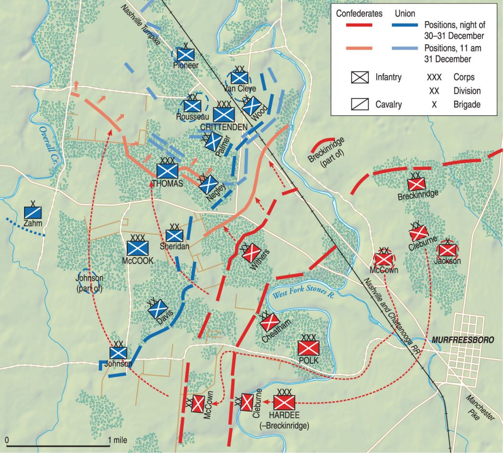 General Braxton Bragg’s tactical plan called for a sledgehammer attack on the Federal right wing to be followed by a right wheel to drive the Army of the Cumberland into Stones River. 