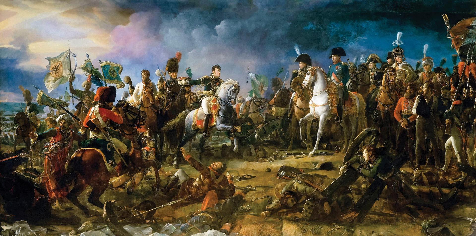 French General Jean Rapp races towards a calm and self-assured Emperor Napoleon with a captured enemy standard during the height of the Battle of Austerlitz.