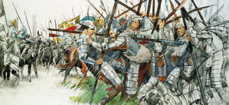 Scottish King James IV attacked across unfavorable ground at Flodden that put his pikemen at a disadvantage. Once engaged, the more nimble English billmen carved up the Scottish pike blocks.