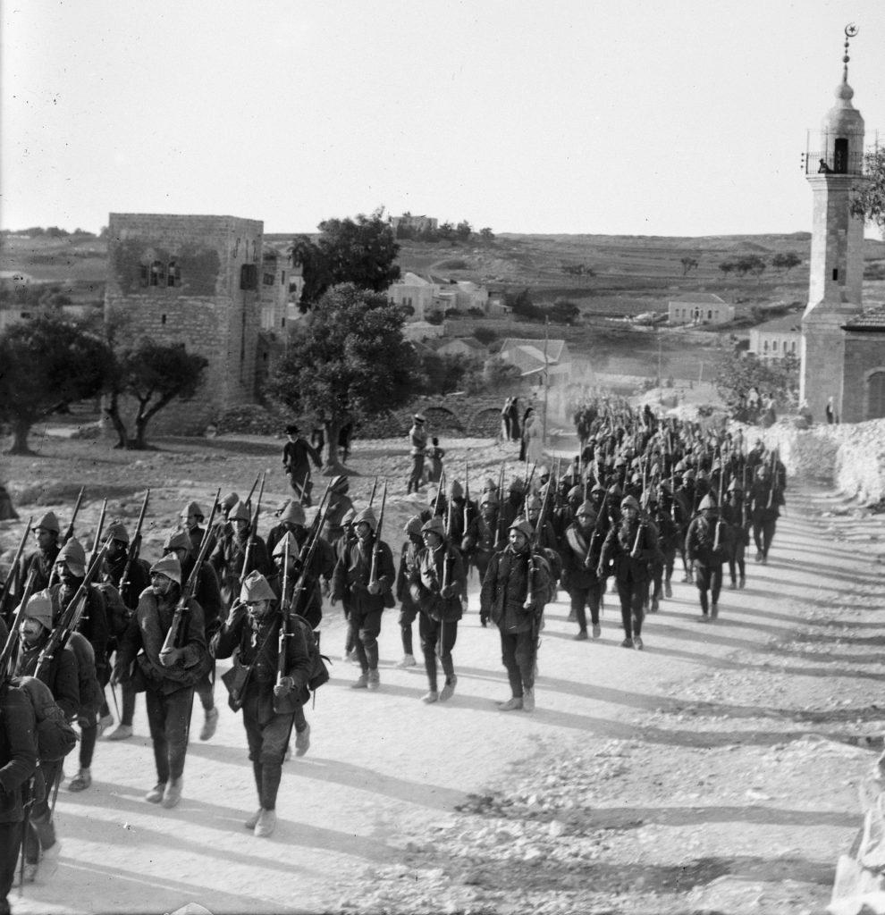 Ottoman troops march into battle in Palestine. Allied with Germany and Austria-Hungary, Turkey sought to draw off large numbers of Allied troops that might otherwise have reinforced the Western Front.