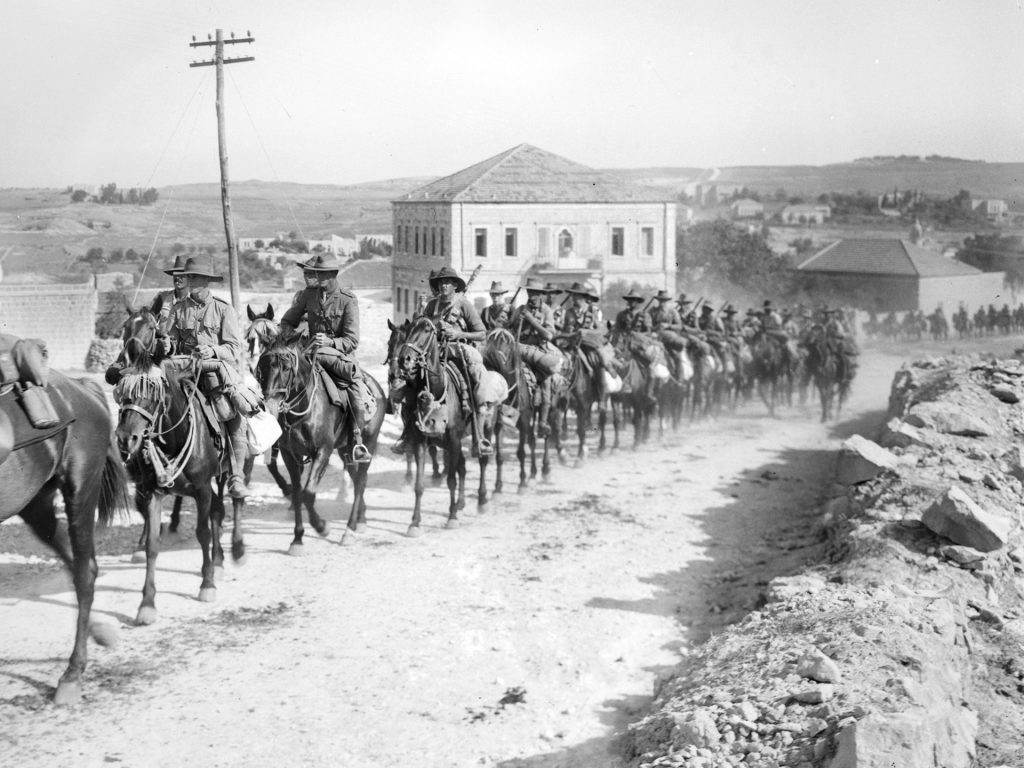A column of Australian light horse moves into position in Palestine. The mounted infantry played a pivotal role in the defeat of the Ottoman forces in Palestine.