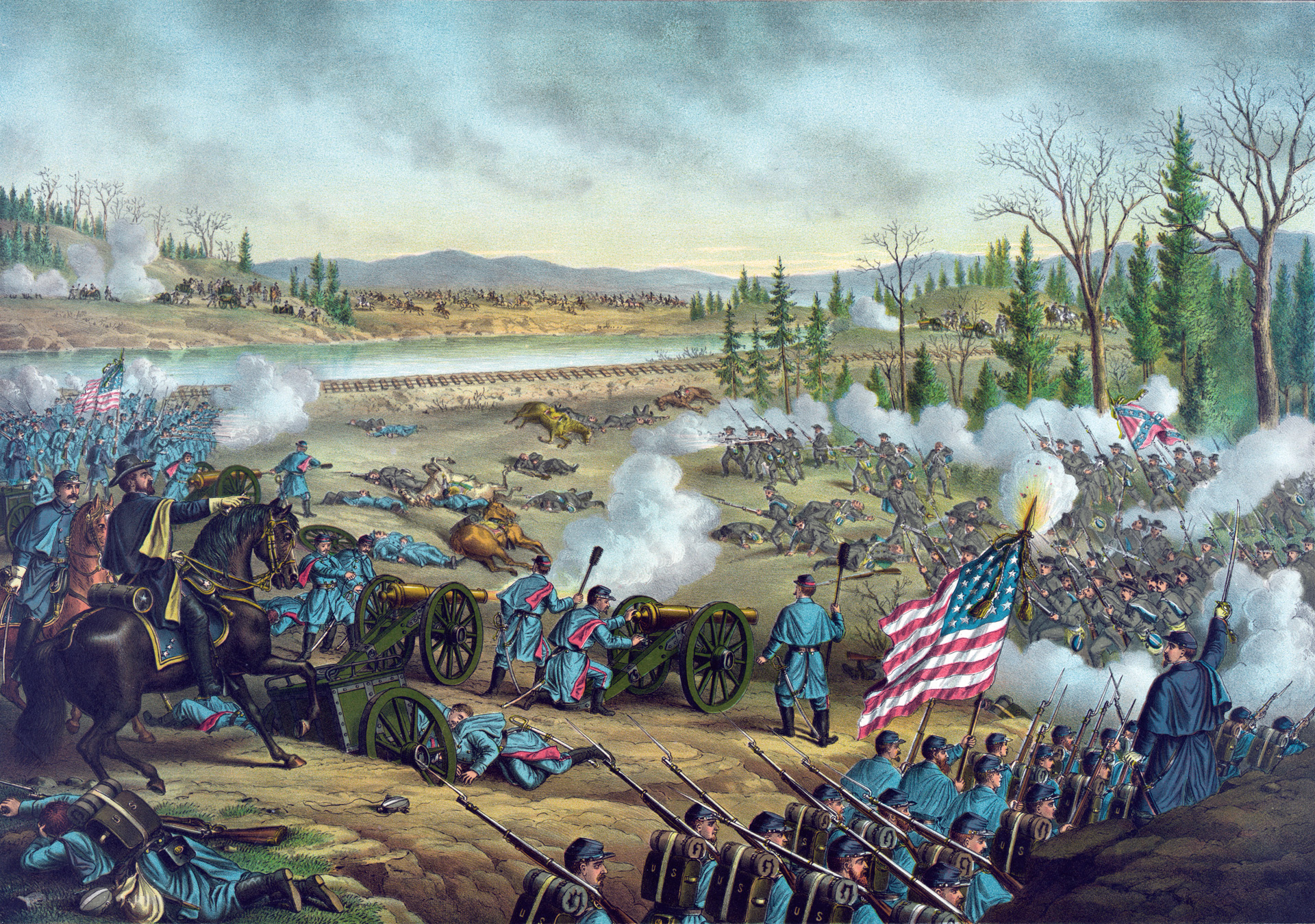 Maj. Gen. William S. Rosecrans at far left directs reinforcements to strengthen the Federal line in the face of a strong Confederate assault on the morning of December 31, 1862. 