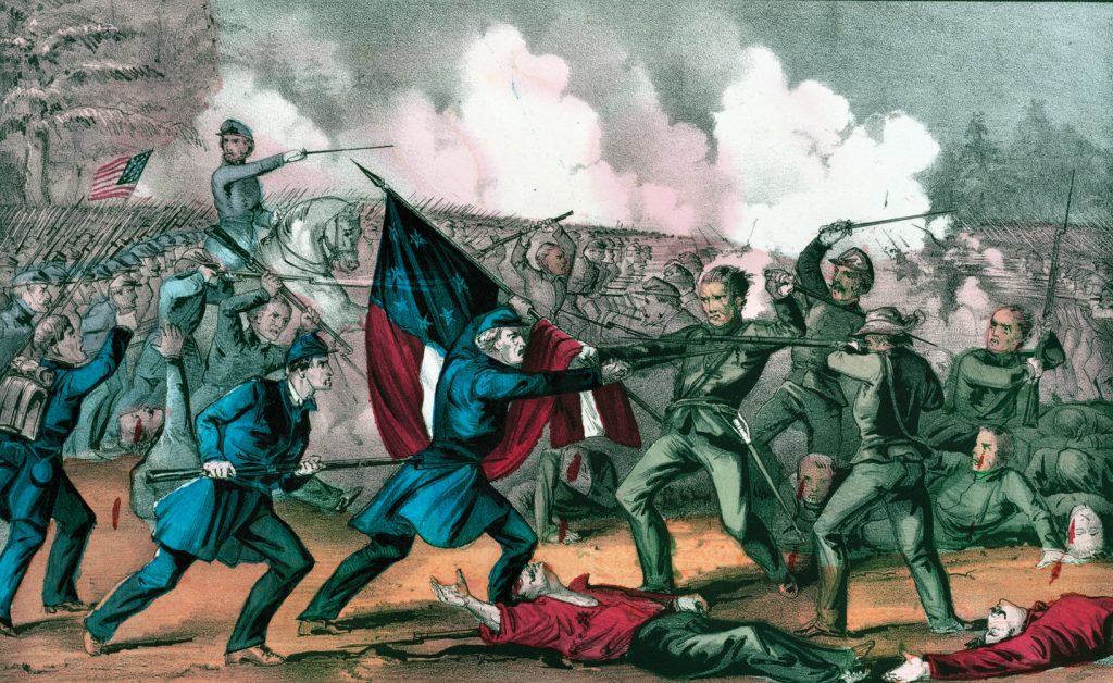 A group of Confederates attempt to capture the Union colors in a period illustration that captures the ferocity of the fighting at Stones River. Despite his initial successes, General Bragg conceded defeat by withdrawing south to Tullahoma.