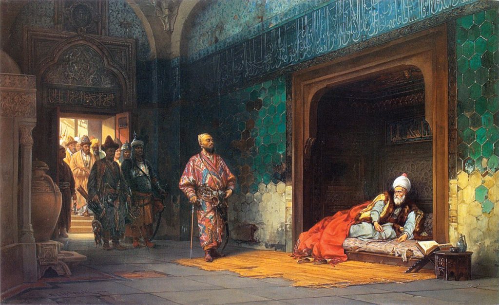 After his victory over the Ottoman Army at the Battle of Ankara, Timur visits Sultan Bayazid I, the only Ottoman sultan captured in battle. The defeat caused almost total collapse of the Ottoman Empire.