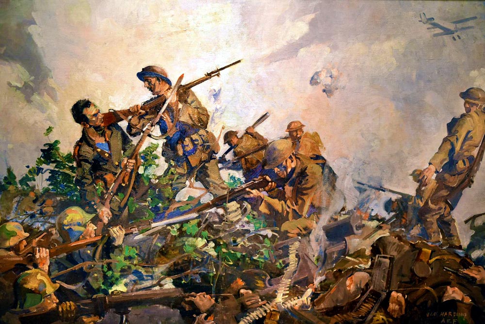 Marines of the 2nd Division grapple with the Germans in hand-to-hand combat atop Blanc Mont Ridge. The decisive Allied victory in October 1918 forced the Germans to quit the Champagne Region.