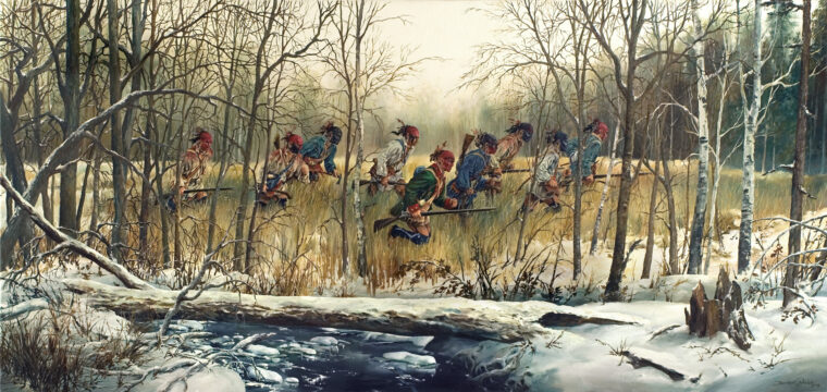Miami warriors advance confidently into battle against U.S. Army forces in a modern painting by Todd Price. The army suffered two of its worst defeats in the Ohio Territory in 1790 and 1791.