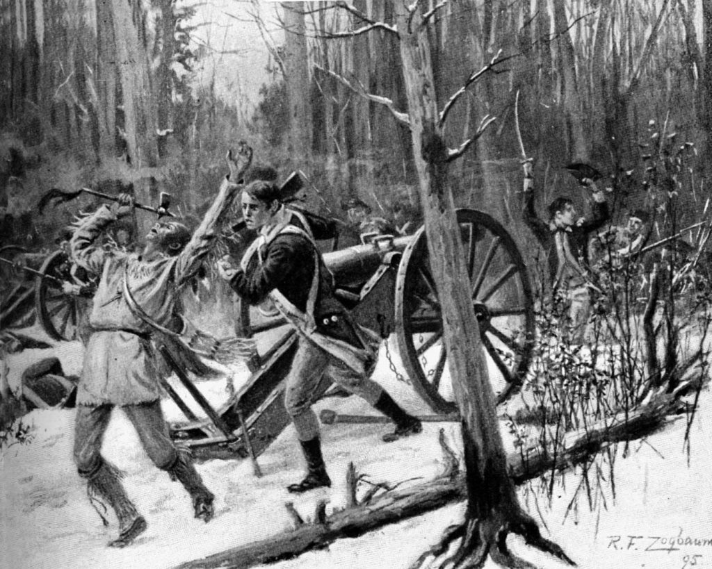 After routing militia troops in forward positions, the attacking Shawnee, Miami, and Delaware warriors grappled with the crews manning St. Clair's 6-pounder cannon. 