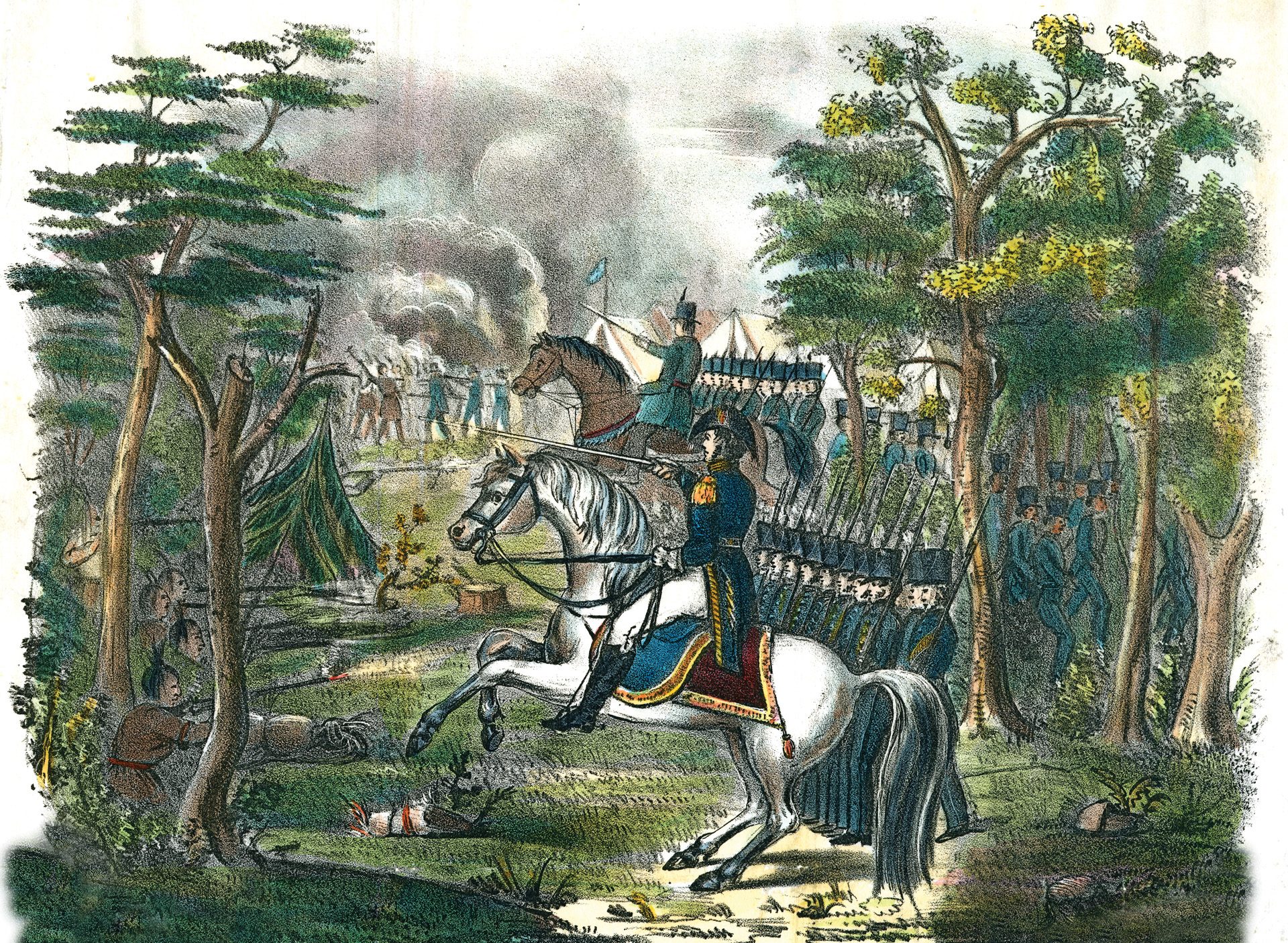 A period illustration inaccurately shows neatly aligned ranks of American soldiers. In reality, the Native Americans overran multiple sectors of St. Clair's perimeter, forcing him to retreat with his survivors. 