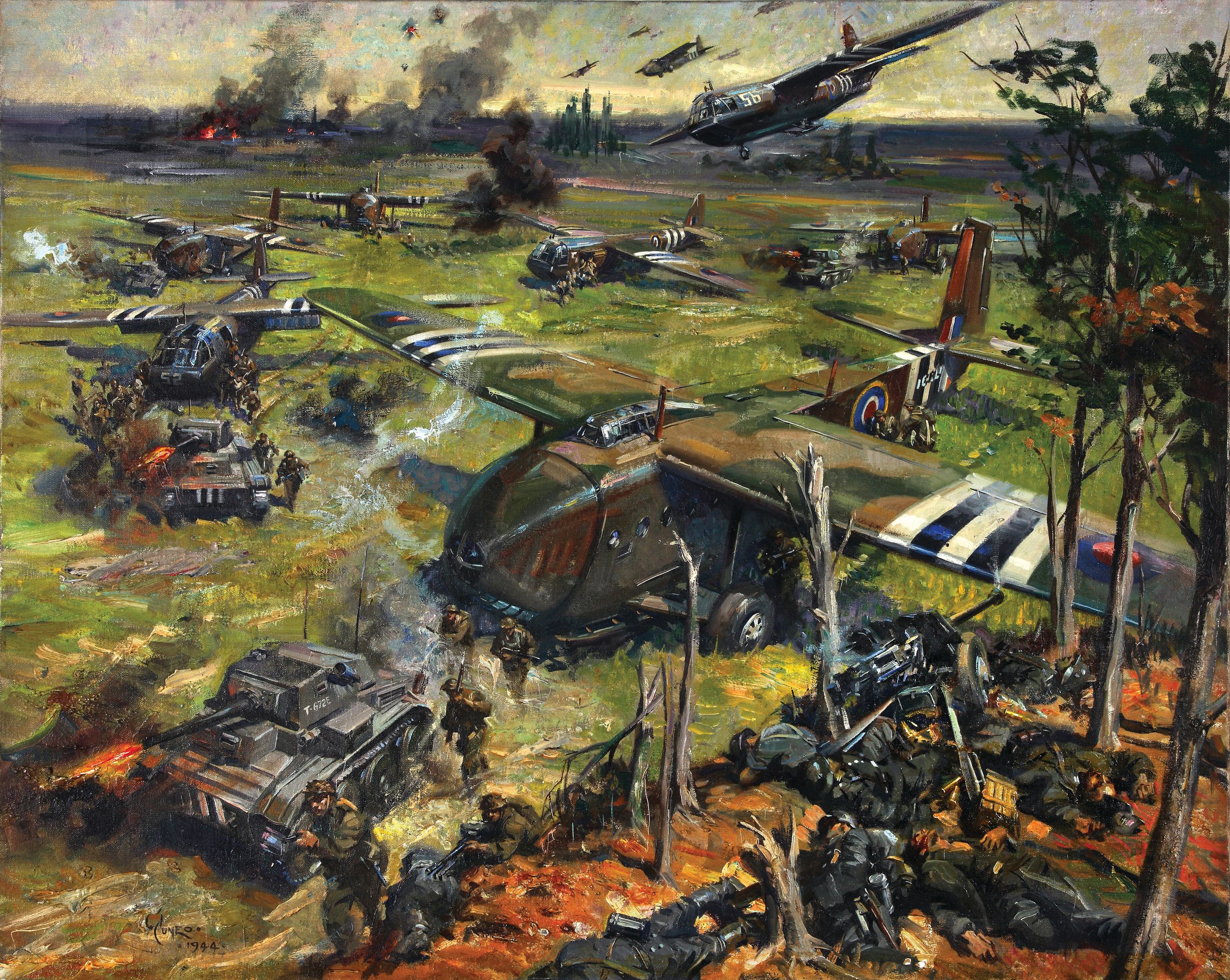 British glider-borne troops swarm into Normandy in this painting by Terrence Cuneo, a British combat artist for the Ministry of Information during the war. The British assault on Pegasus and Horsa Bridges—arguably D-Day’s most successful assault—were carried out by a small group of glider infantry led by Major John Howard.