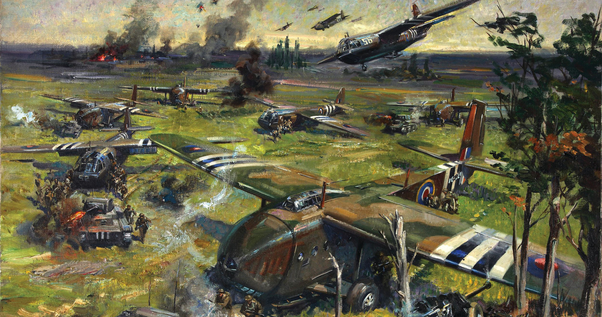 British glider-borne troops swarm into Normandy in this painting by Terrence Cuneo, a British combat artist for the Ministry of Information during the war. The British assault on Pegasus and Horsa Bridges—arguably D-Day’s most successful assault—were carried out by a small group of glider infantry led by Major John Howard.