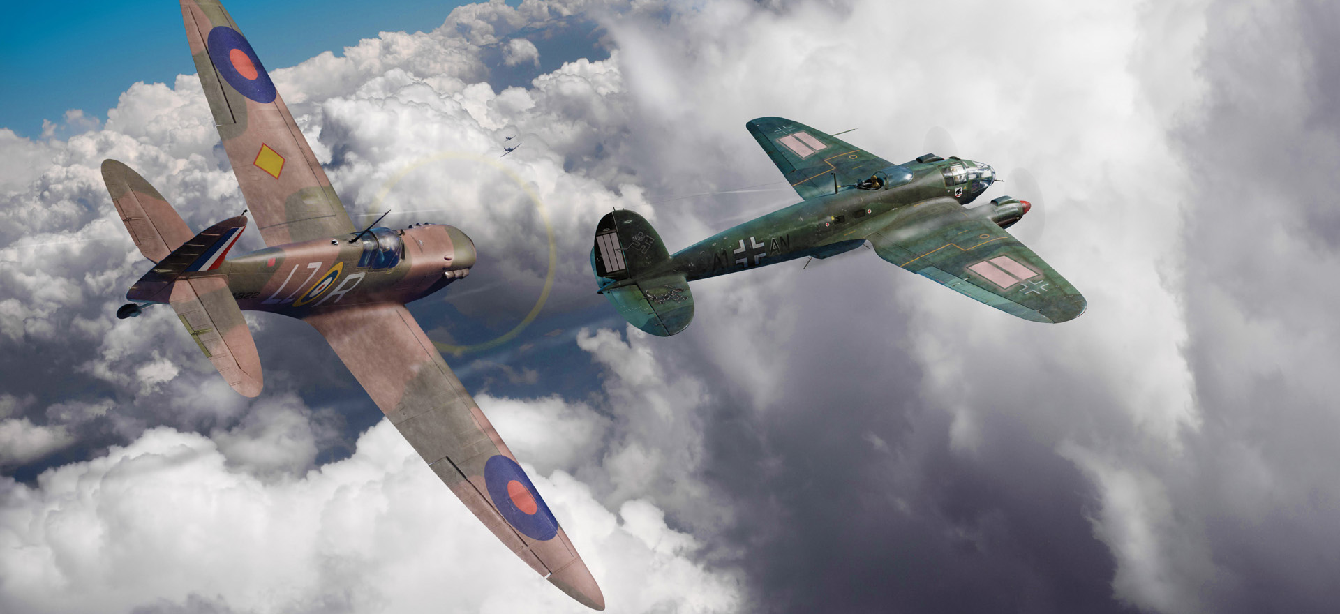 A Supermarine Spitfire fighter of the British Royal Air Force chases a German Heinkel He-111 bomber during a swirl of aerial combat in the Battle of Britain. Canadian pilot Howard Peter “Cowboy” Blatchford served with the RAF during the crucial battle and was later killed in action.