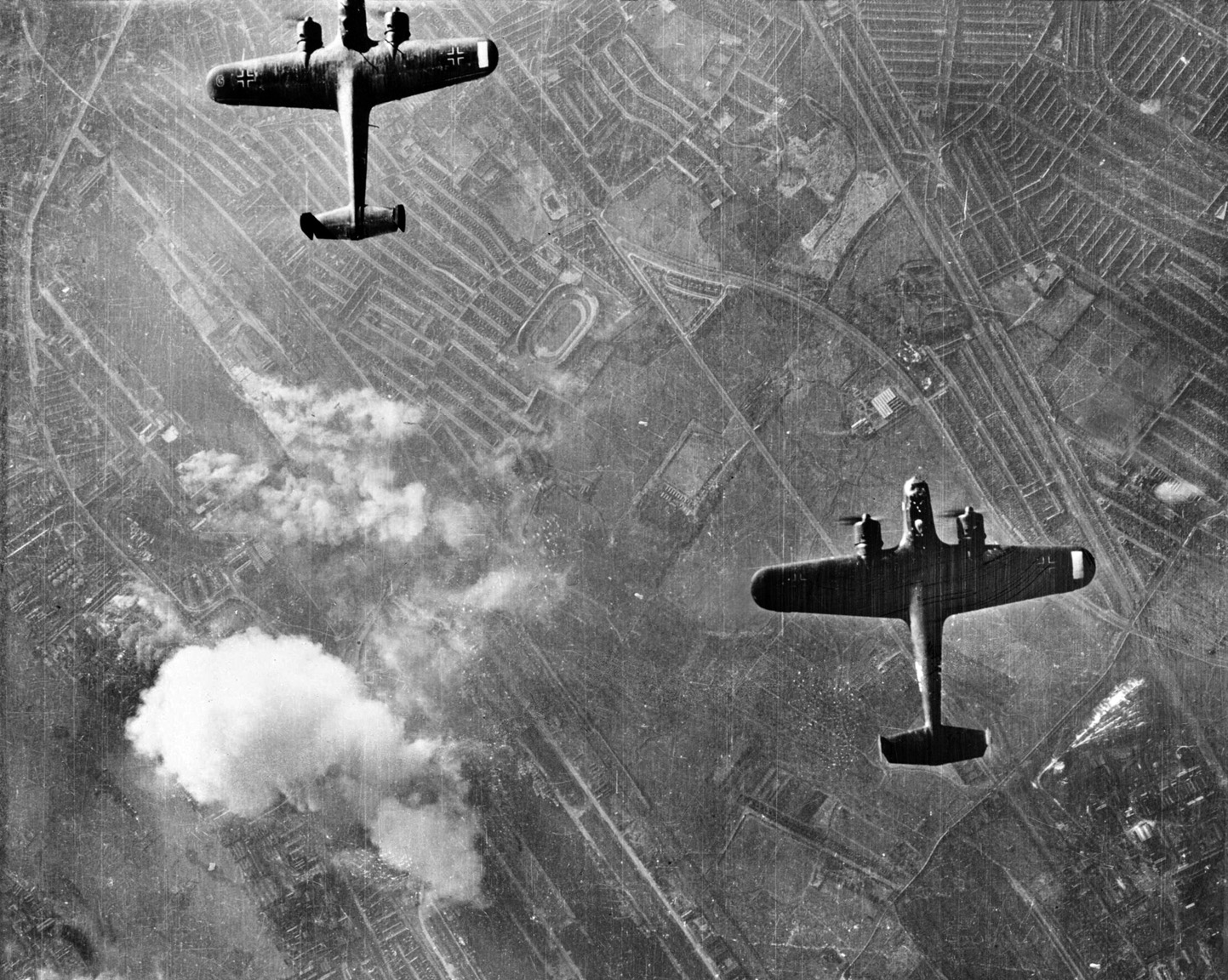 A pair of Luftwaffe Dornier Do-17 bombers flies above London during the Blitz of 1940. Cowboy Blatchford and the pilots of the RAF thwarted the German attempt to destroy British cities.