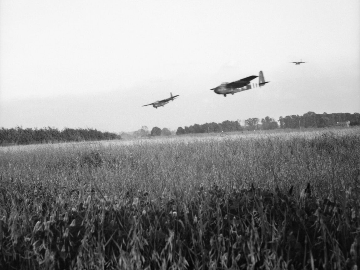Hamilcar gliders of the British 6th Airborne Division land near the town of Ranville, France, on June 6, 1944. These gliders are carrying Tetrarch light tanks to support the offensive operations of the airborne troops.