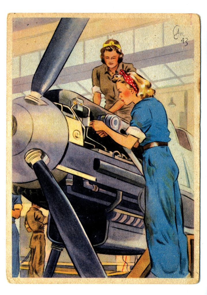 A popular 1943 postcard of the era portrays German women working on a fighter plane, the image similar to the American’s iconic Norman Rockwell image of Rosie the Riveter.