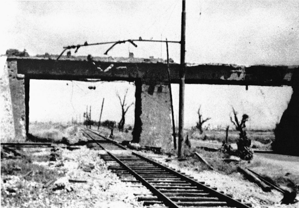 The battered “Overpass” over the Anzio-Rome highway was the scene of much hard fighting; the Germans had to break through this position to have any hope of pushing the Allies back into the sea.