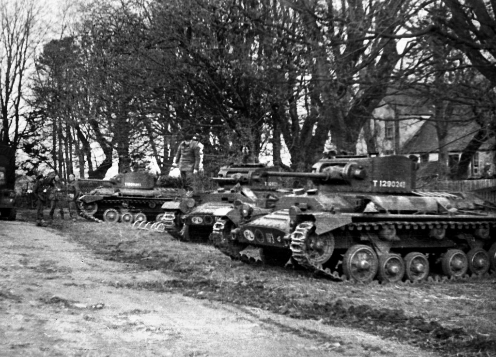 British Valentine tanks of the 66th Tank Battalion, 16th Armoured Brigade, I Polish Corps, line a road in Scotland, where many of the Polish troops trained, November 1941.