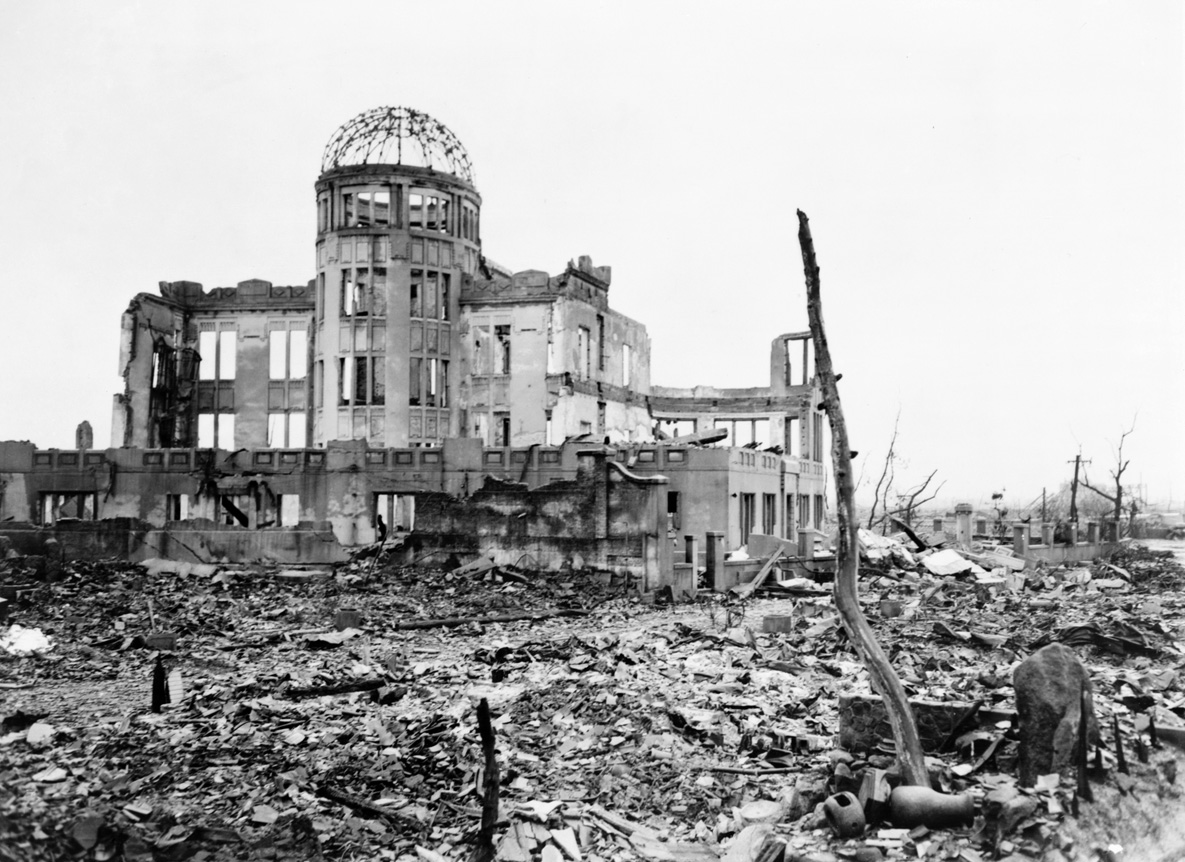 Photographed at ground zero in Hiroshima after the atomic bombing, the remains of the Prefectural Industry Promotion Building, which was later preserved as a monument. 