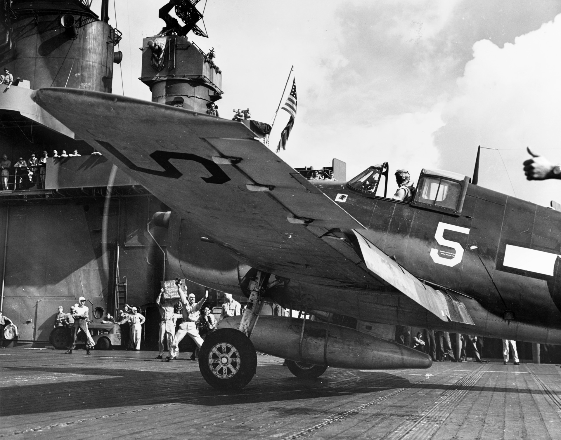 A Grumman F6F Hellcat fighter of Squadron VF-1 prepares for takeoff from the deck of the aircraft  carrier USS Yorktown on June 19, 1944, during the Battle of the Philippine Sea. American fighters dominated the skies and inflicted grievous losses  on the Japanese.