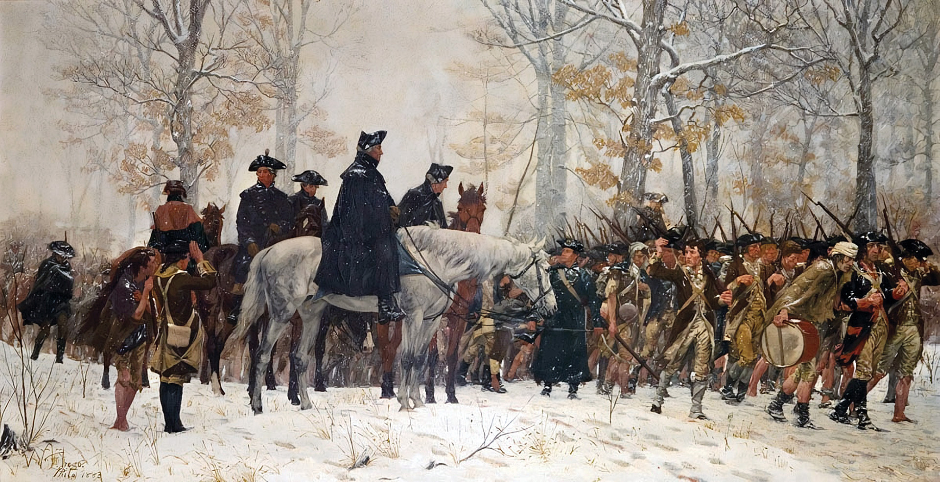 The Continental Army marches into winter quarters at Valley Forge in December 1777. Of the 12,000 American soldiers who marched into the camp, 2,500 would perish during the harsh winter.
