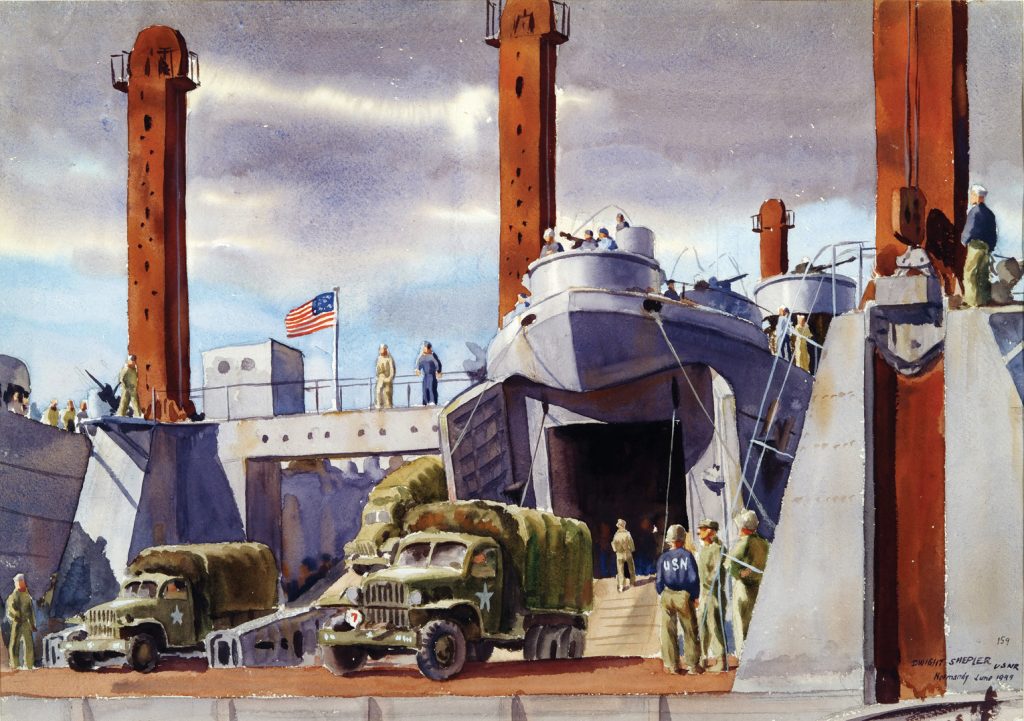 In this painting by artist Dwight Shepler, a Landing Ship, Tank (LST) discharges cargo from  both its upper and lower decks onto a T-shaped formation of floating pier heads.  