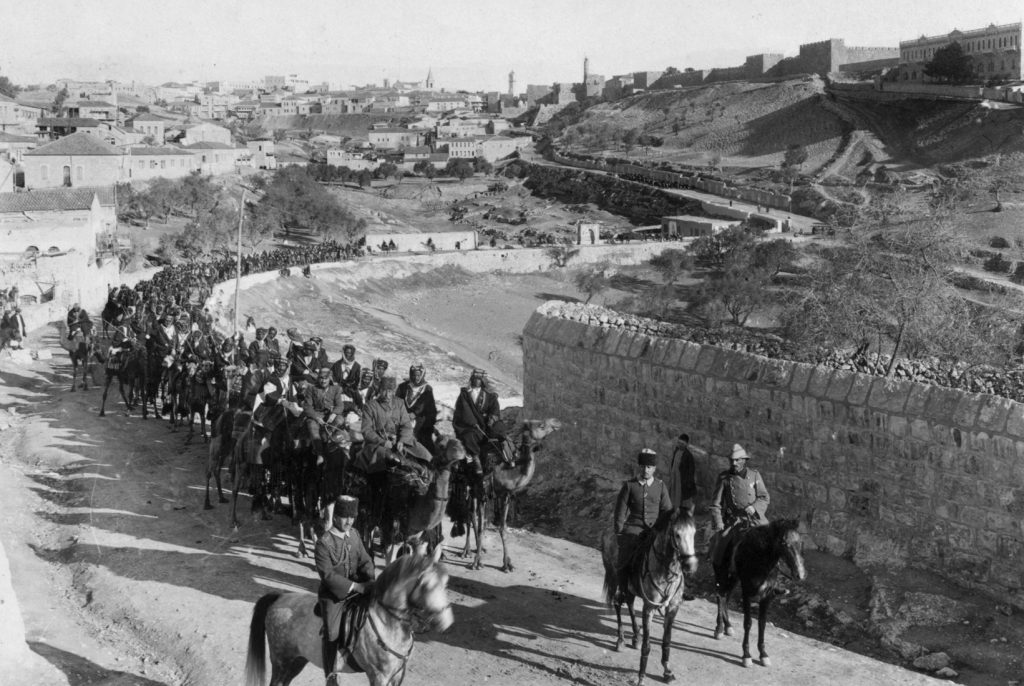 An Ottoman Arab camel corps departs Jerusalem for the Sinai front in 1916.