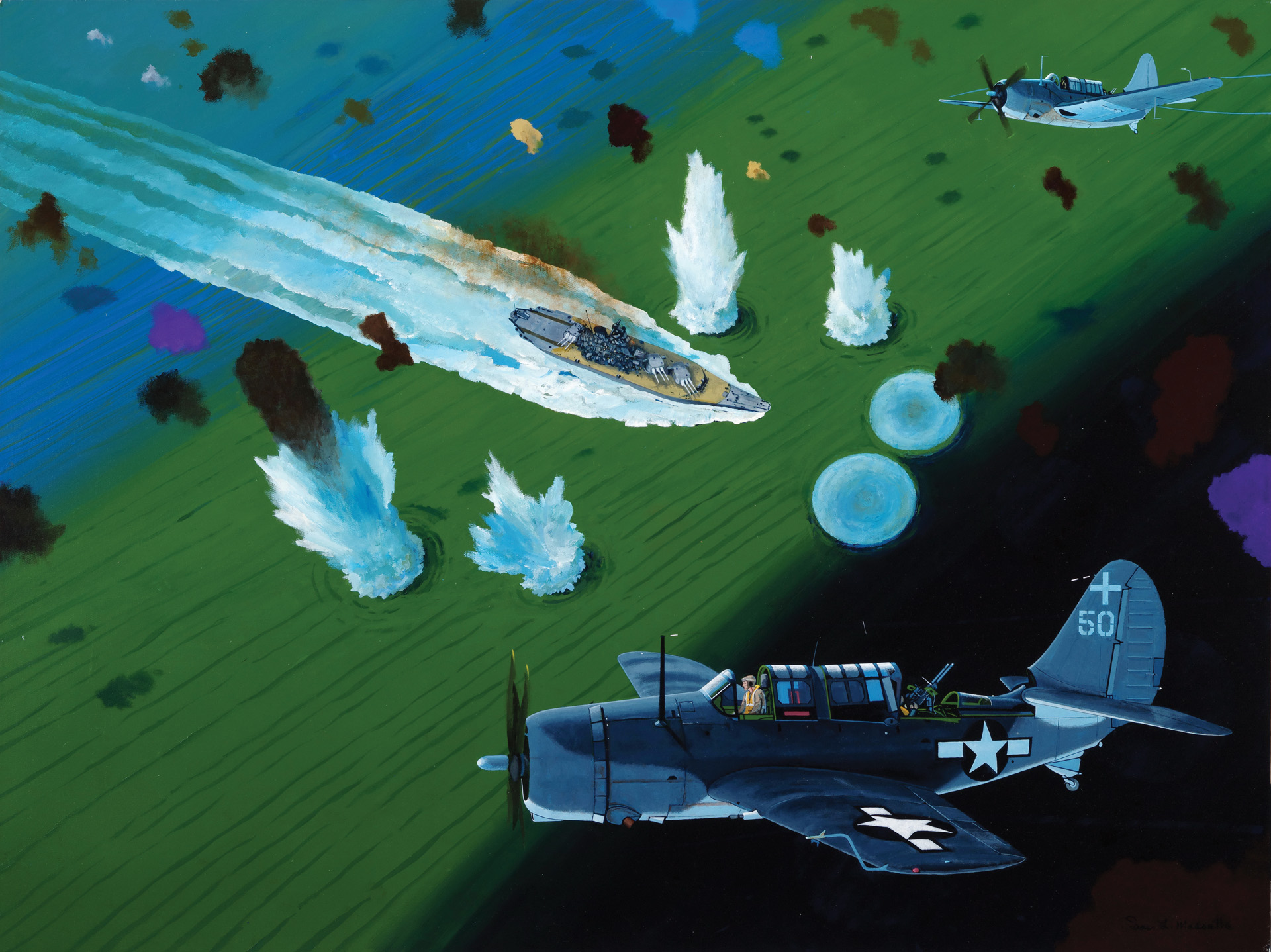 U.S. Navy Helldiver aircraft attack the Japanese battleship Musashi in the Sibuyan Sea during the Battle of Leyte Gulf. Painting by Sam L. Massette.