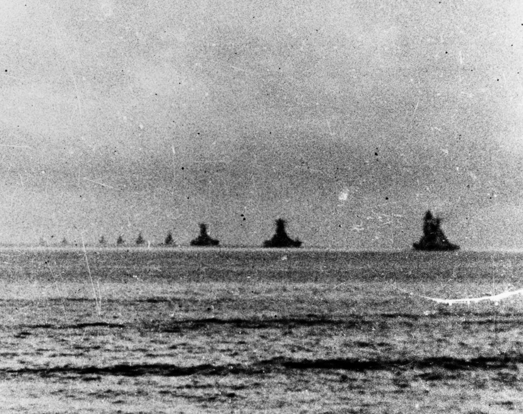 The Japanese Center Force leaves Brunei Bay, Borneo, on October 22 en route to the Philippines. The battleship Nagato, far right, leads the Musashi and Yamato. 