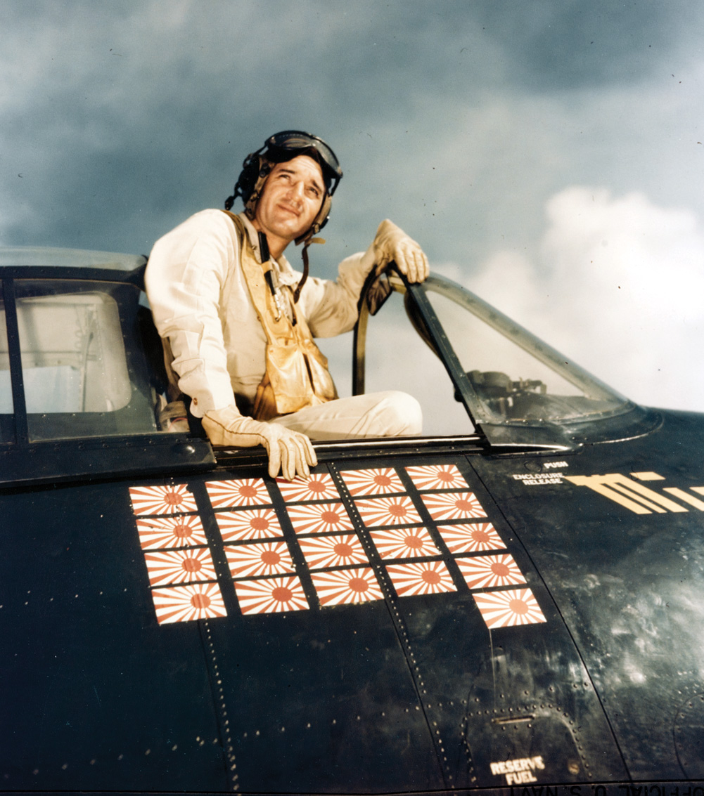 Navy pilot Commander David McCampbell shot down nine Japanese aircraft during the air battle, and received the Medal of Honor for his accomplishment.