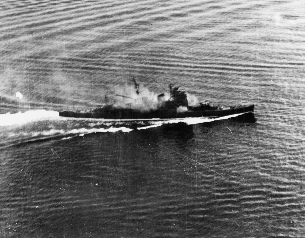 The Japanese heavy cruiser Haguro fires at attacking U.S. carrier planes during the Sibuyan Sea battle on October 24. 