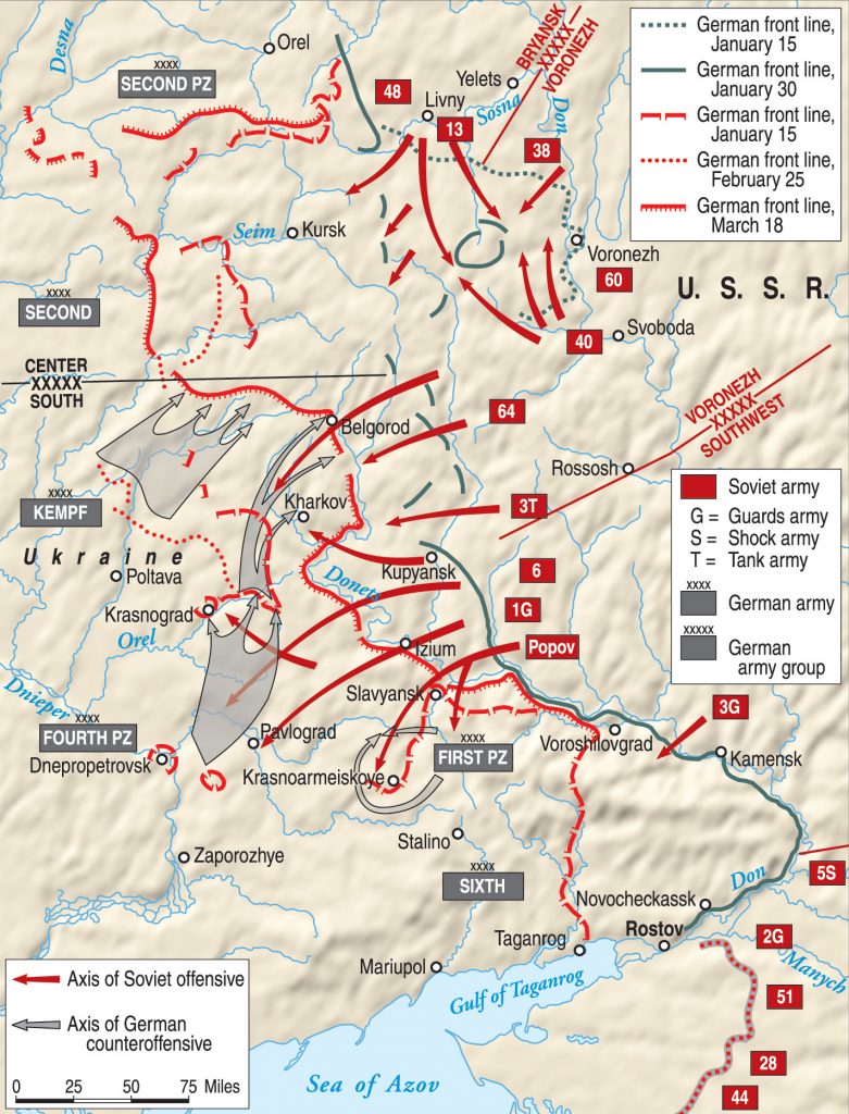 Three Soviet fronts lunged across the Donets River beginning on February 1 with the goal of achieving an encirclement of the German forces operating in eastern Ukraine. STAVKA had no idea that the Germans were strong enough to launch a devastating counterattack that would push them back to their starting points. 