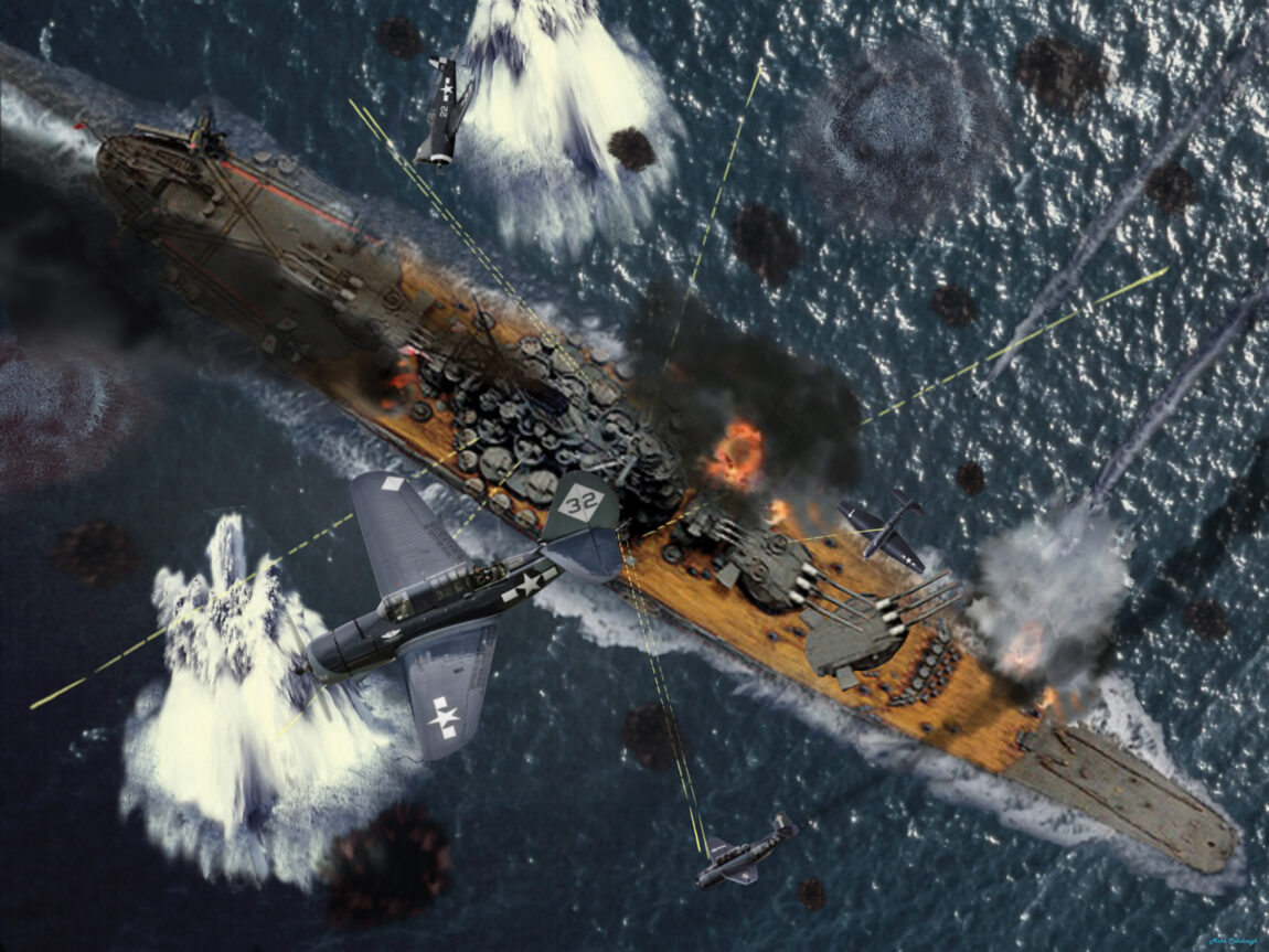 An artist’s impression of American warplanes attacking the Japanese super battleship Yamato, April 7, 1945. Although the 72,000-ton, 863-foot-long ship had barely seen action, she was ordered to beach herself at Okinawa and use her firepower to disrupt the American amphibious landings; she never got the chance.