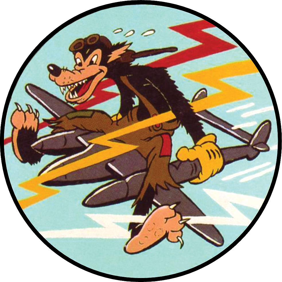The 474th Fighter Group emblem, depicting a jaunty wolf.