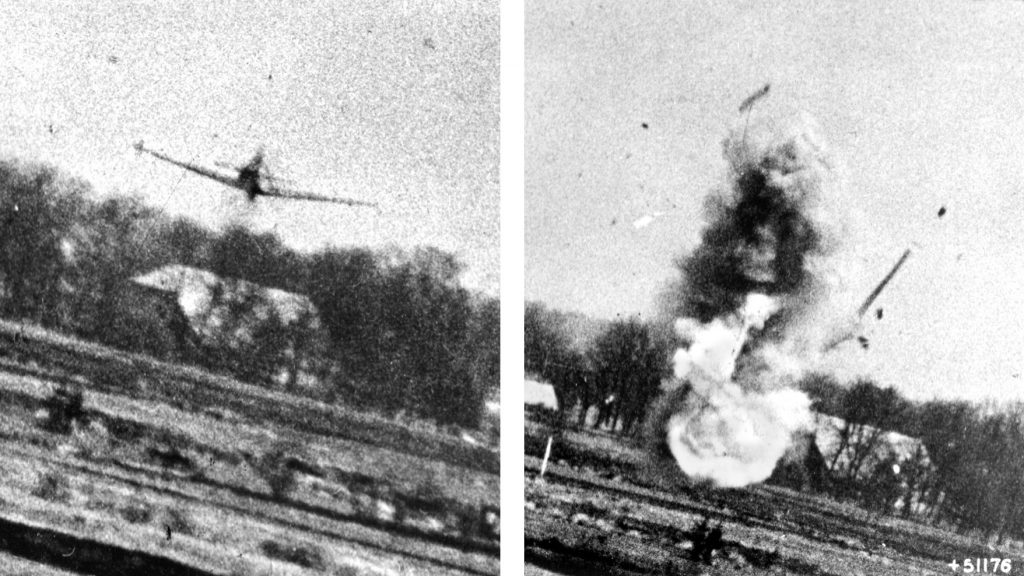 In these two frames from the gun camera of an Allied fighter plane, a German fighter pilot and his aircraft meet a fiery end in aerial combat. The 474th Fighter Group amassed an impressive combat record in Europe.