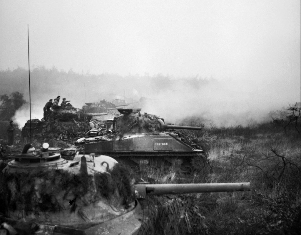 M4 Sherman medium tanks of the 15th Scottish Division, Argyll and Sutherland Highlanders assemble at their jumping-off point for the beginning of Operation Veritable.